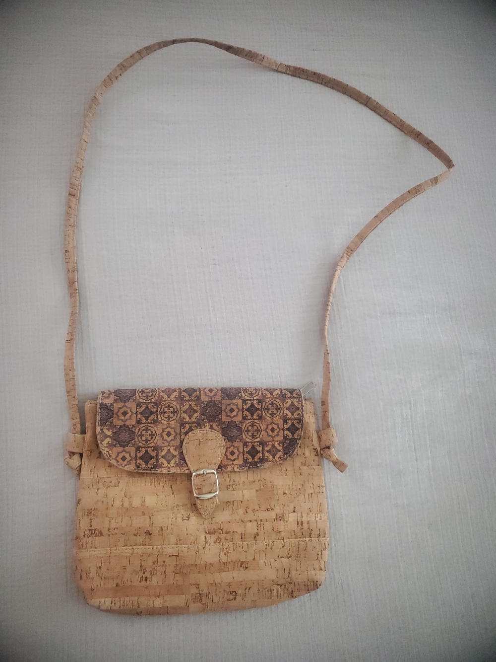 Cork Crossbody Bag with Patterned Flap - Natural